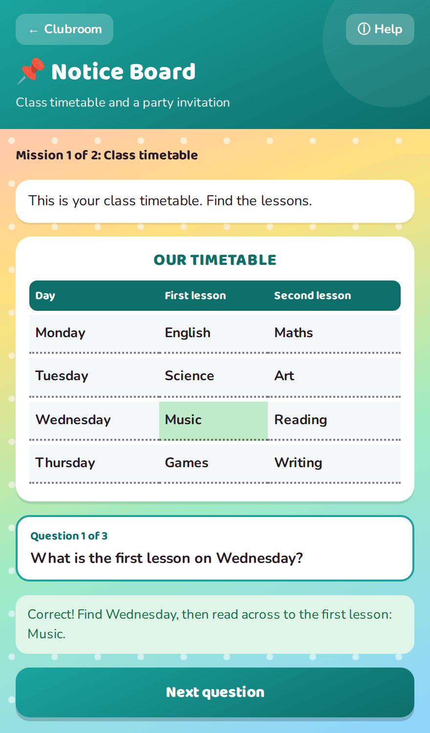 Notice Board reading game